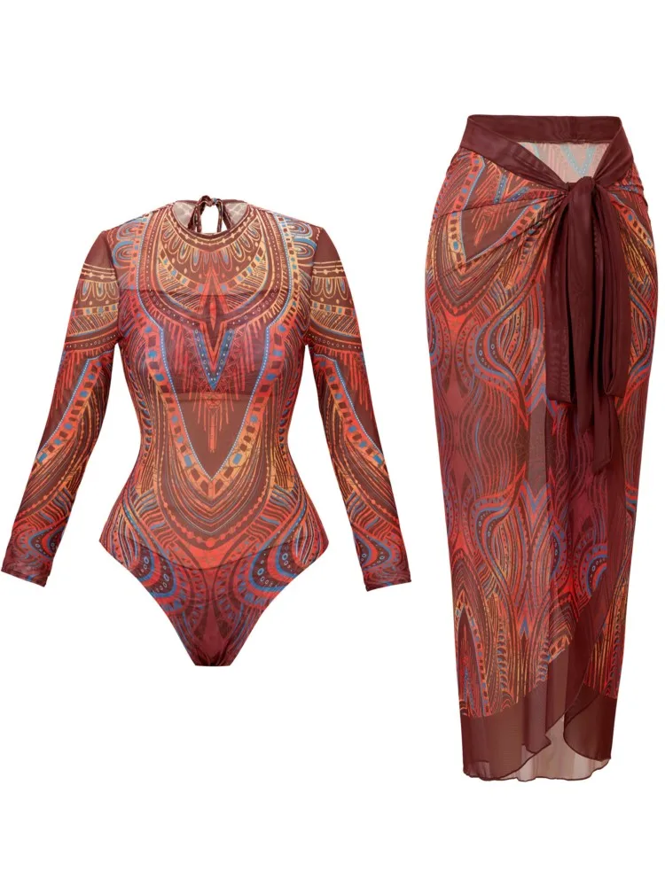 Retro Bikini Printed Fashion Two Piece Swimsuit And Cover Up With Skirt Tight Women's Bandage Summer Beach Luxury Elegant