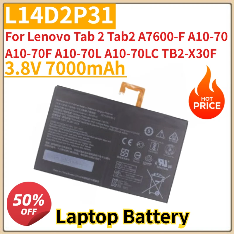 New 3.8V 7000mAh Laptop Battery L14D2P31 For Lenovo Tab 2 Tab2 A7600-F A10-70 A10-70F A10-70L A10-70LC TB2-X30F TB2-X30L