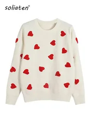 Women Embroidery Love Heart Strawberry Knitted Sweaters Vintage Y2K Casual Sweet O Ne Pullovers Winter Warm Sweater Tops C-129