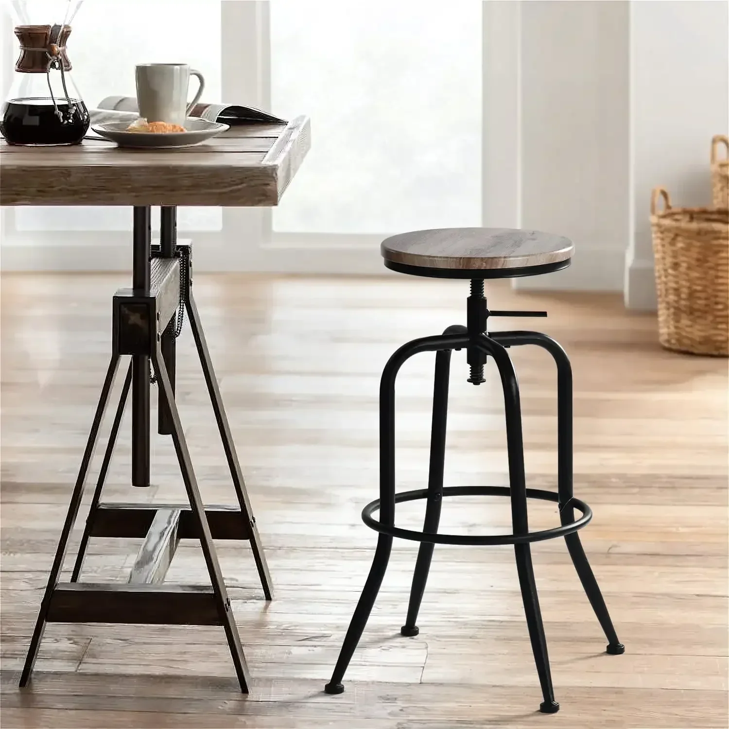Swivel Bar Stools Set of 2, Adjustable Height Vintage for Home Kitchen Island, Oak