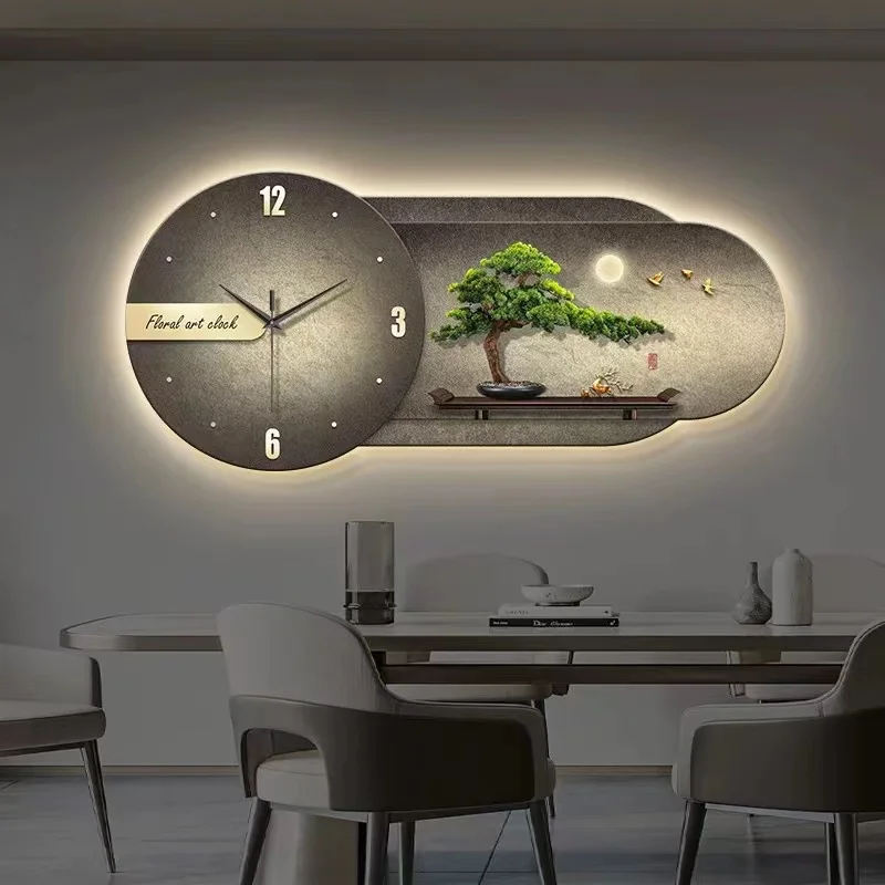 New Chinese style clock restaurant decoration painting restaurant wall clock painting welcomes guests pine wood living room LED