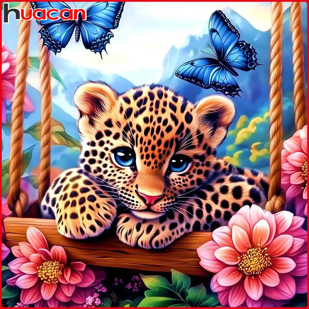 Huacan Neuheiten 2025, Diamantgemälde, Leopard, Bytterfly, Diamantmosaik, Tierblume, komplettes Set, Geschenk