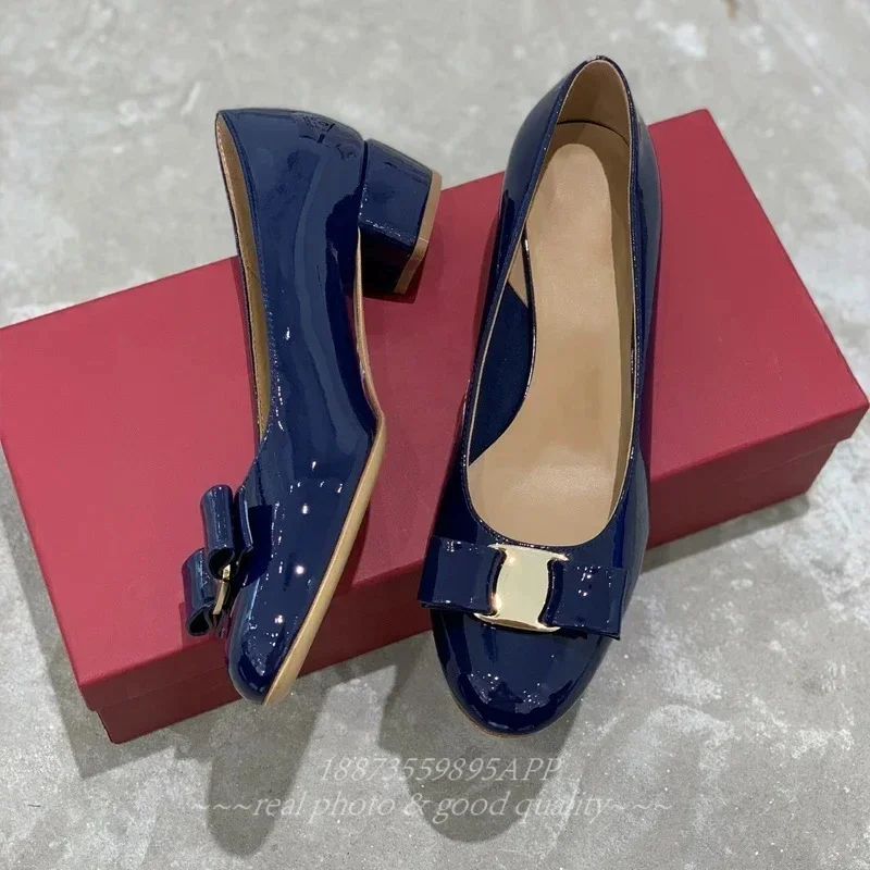 2025年 ファンシティン レディース リボン レザー シャイニーレザー ブロックヒール クラシックブランド 高品質 100% ハンドメイド フラットシューズ