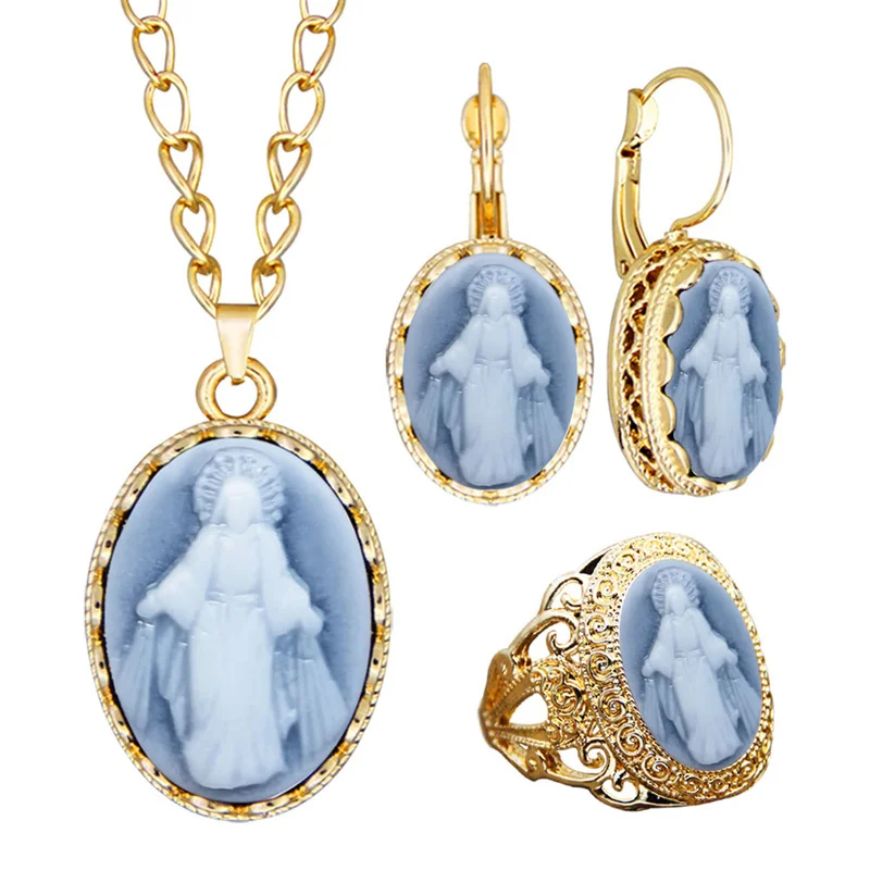 Oval Pendant Jesus Cameo Jewelry Set For Women Gold Color Fashion Hollow Flower Jesus Cameo Religious Necklace Earring Ring Set