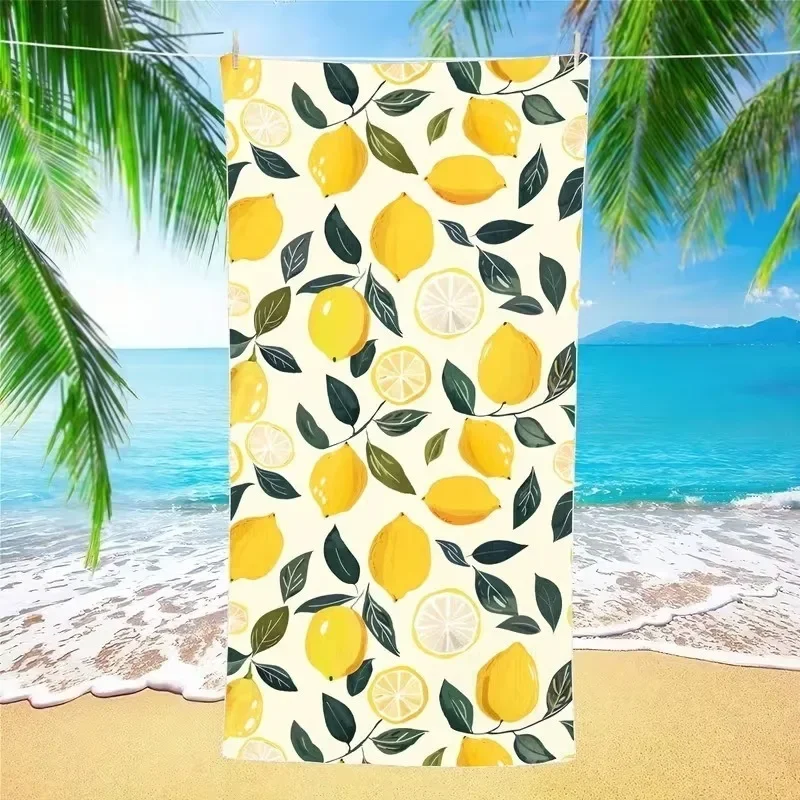 Mediterranean Lemon Microfiber Beach Towel Oversized Summer Fruit Blue White Stripes Bath Towel Extra Large Sand Free
