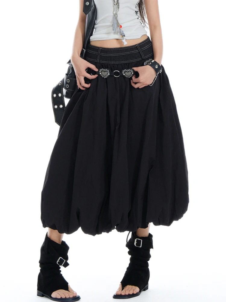 Autumn Winter Women Dark Academia Denim Patchwork Midi Skirt 2000s Y2k Goth Korean Shoujo Bud Skirt Cyber Punk Harajuku Design