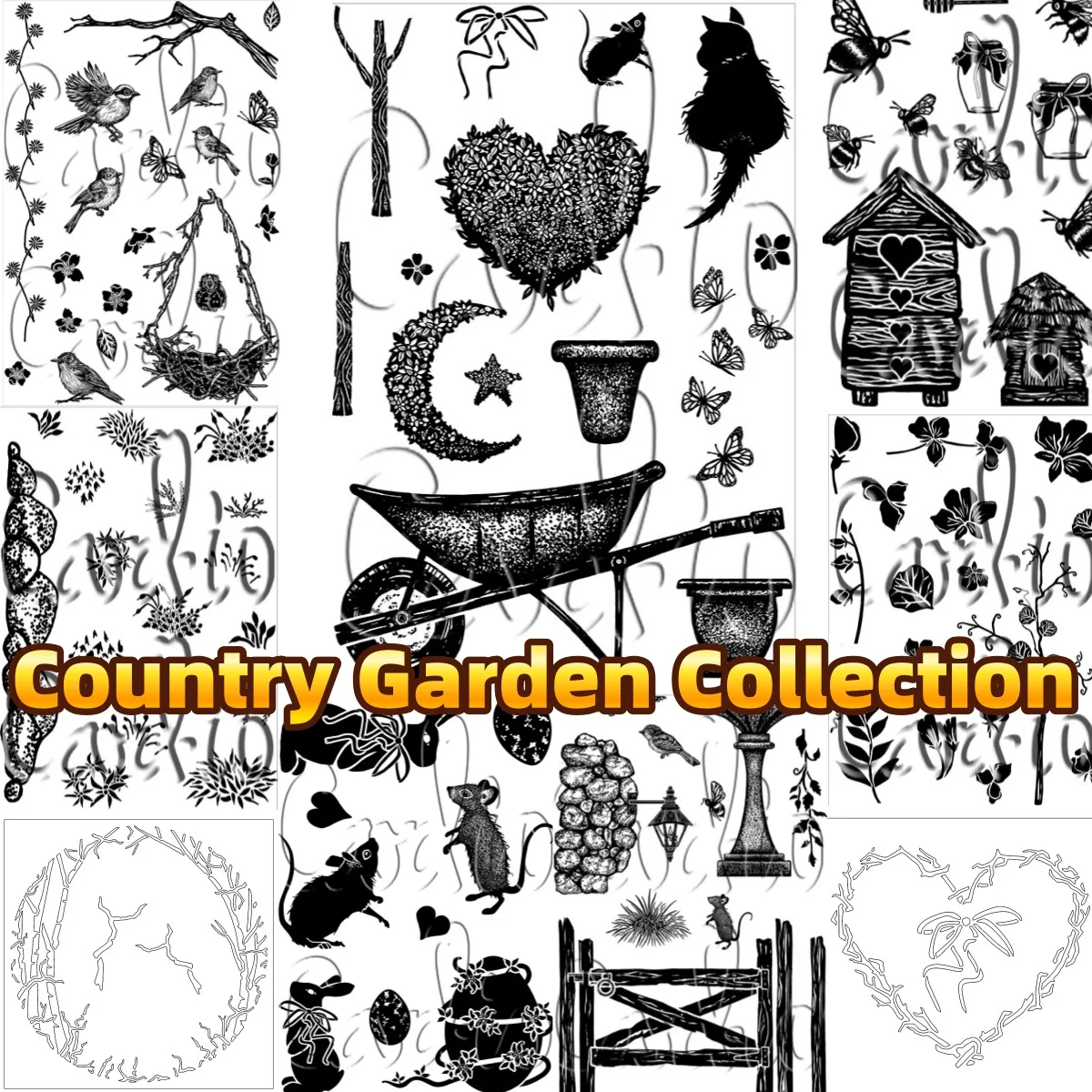 2026 March New Pea Butterflies Bee Abodes Trail Heart Country Garden Collection Clear Stamps Stencil for DIY Scrapbook Craft
