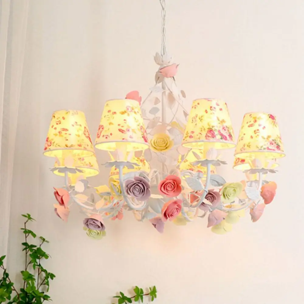 Pink Girl's Room Chandelier Romantic Fabric Shade Princess Room Ceiling Pendant Lamps