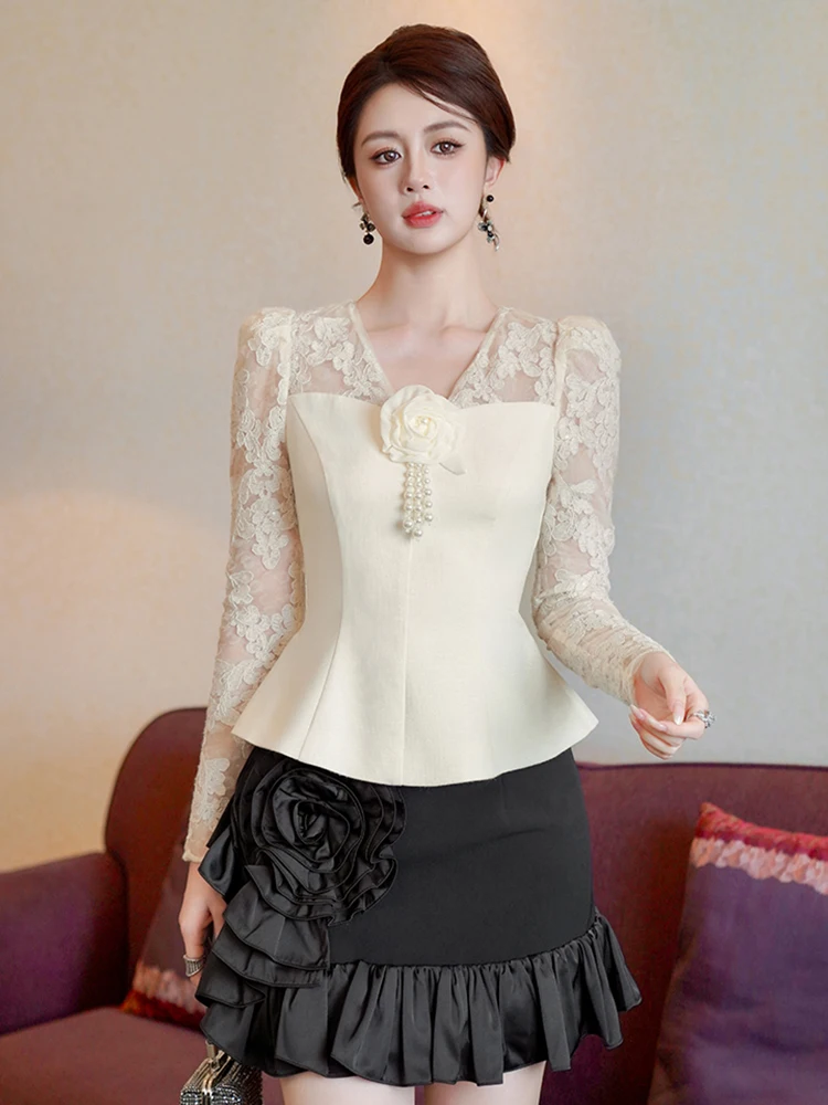 

Women's Chic Sheer Lace Sleeve Peplum Tops Floral Brooch Pearl Tassels Vintage Sexy Blouse Lady Formal Party Elegant Shirt Femme