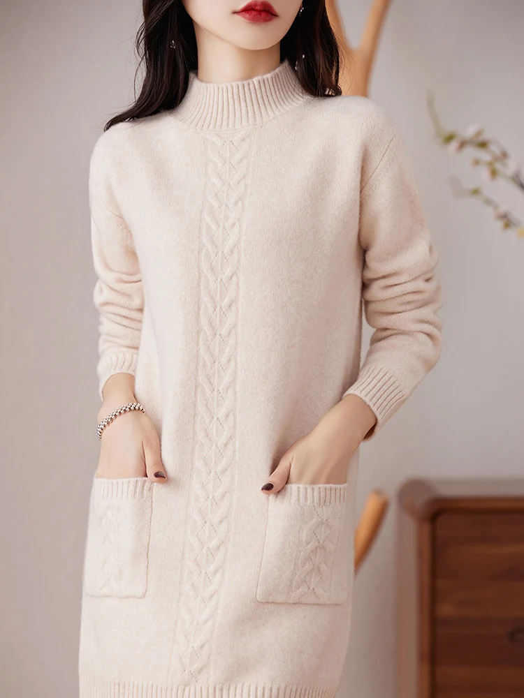 Autumn /winter new 100% merino wool women's semi-high collar solid color twisted pocket knitting long pullover fashion loose top