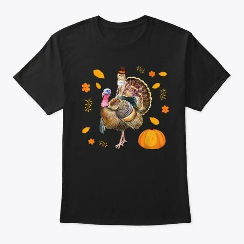 

Cat Ride Turkey Thanksgiving T-Shirt Made in the USA Size S to 5XL