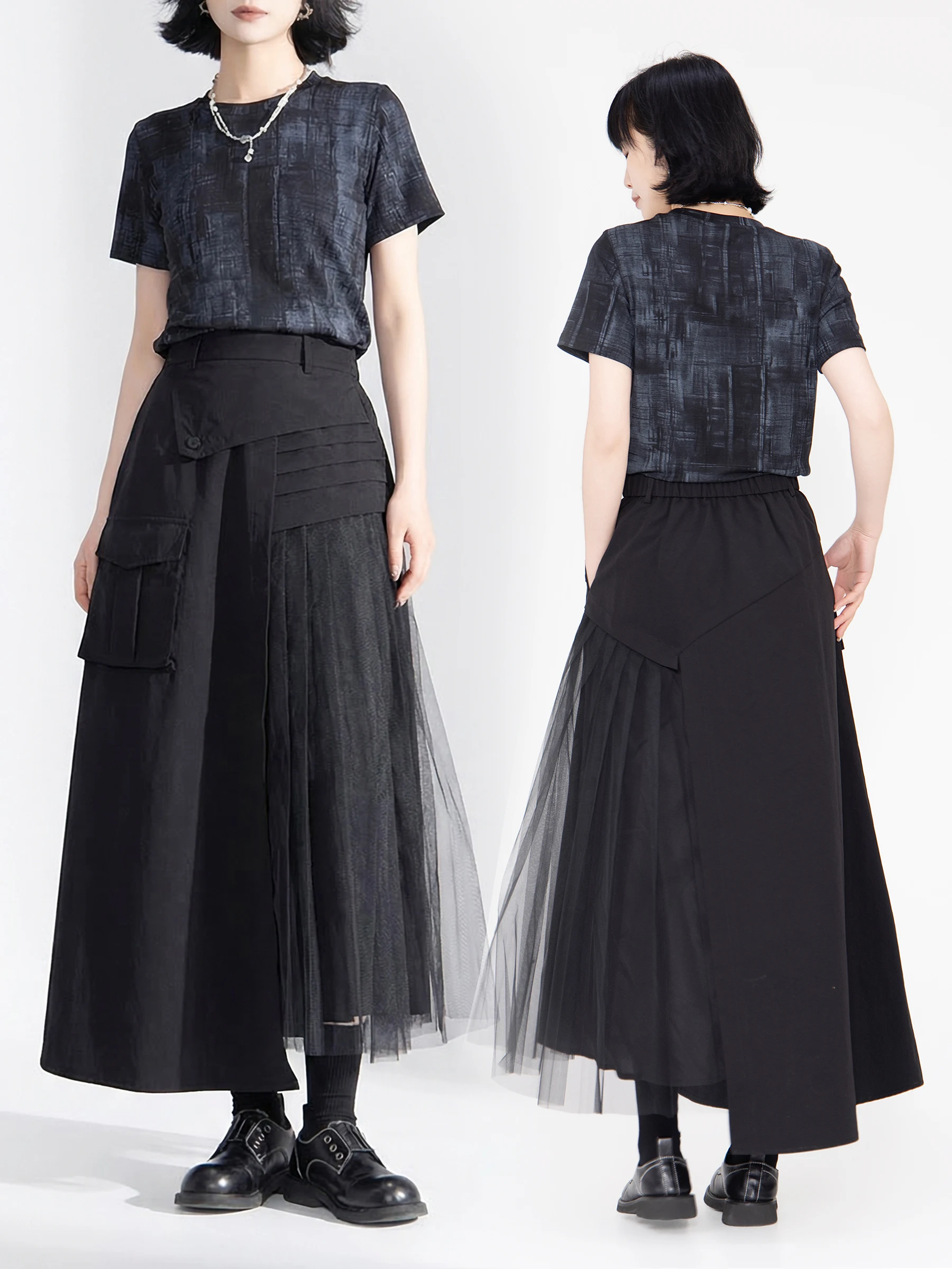 

Bookru 2026 Лето Новинка: Женская асимметричная юбка в темном стиле с сетчатыми вставками, средней длины, с завышенной талией, А-силуэт, свободный крой