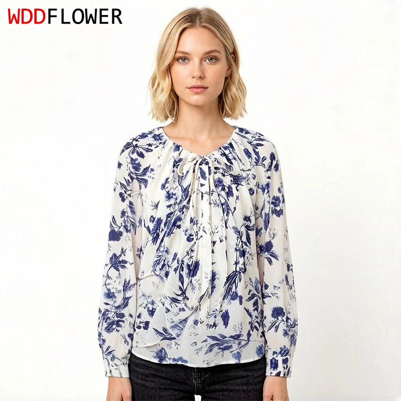 Women Long Sleeve Shirt 100% Mulberry Silk Blue Floral Printed Drawstring Bow-tied V-neck Belted Waist Casual Top Blouse M1590