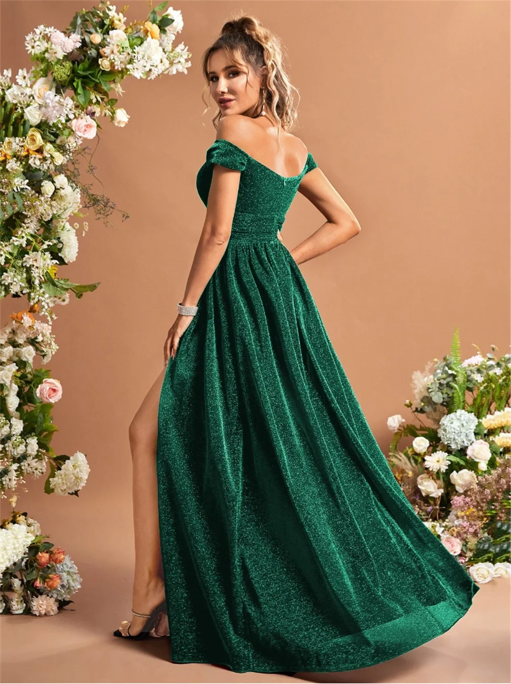 Jessica A-shaped Flash Prom Dresses Sexy Off-shoulder Green Evening Dresses Side Slits Wedding Party Dress Vestidos De Noche