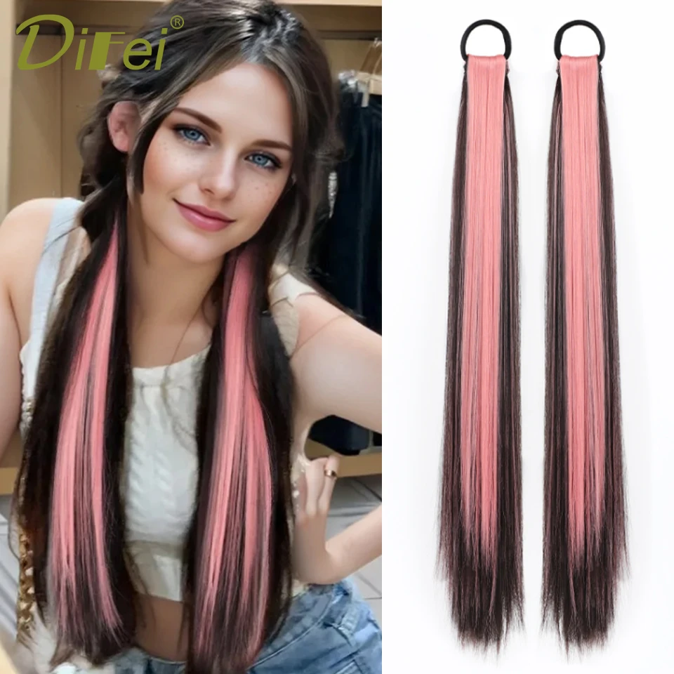 Synthetic Long Hair Strap Style Double Horsetail Vigorous Girl Fluffy And Binding Hair Wig Piece Highlight dyeing Double Horseta