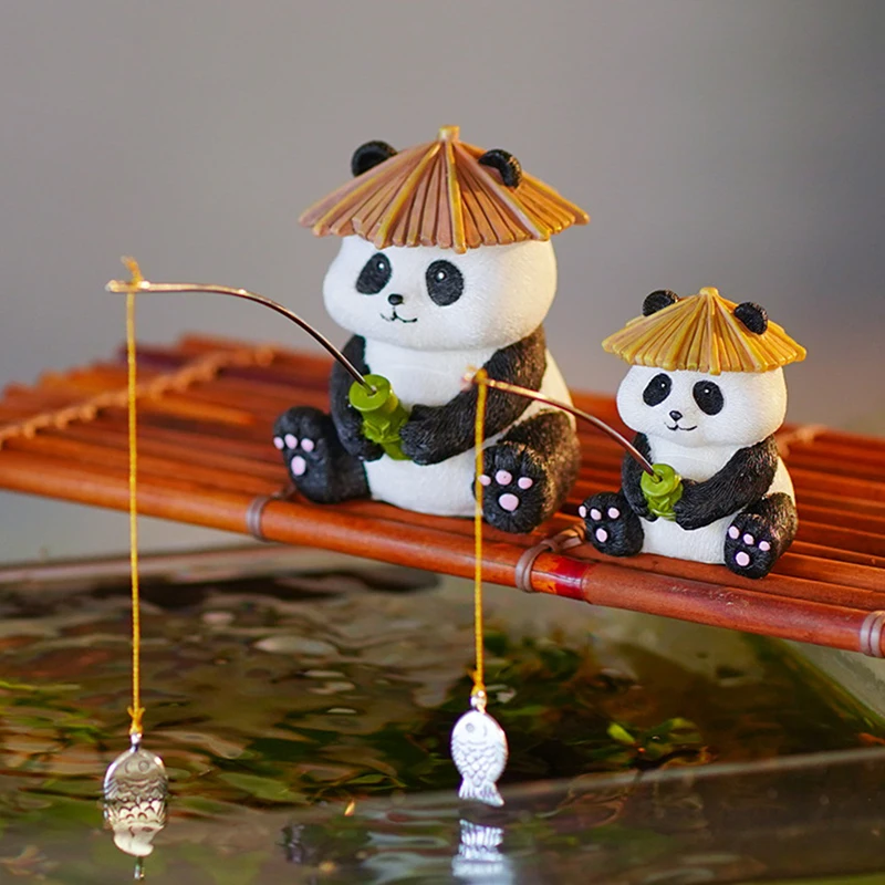 Garden Statue Resin Panda Fishing Figurines Sculpture Yard Art Ornament For Fairy Garden Patio Lawn Balcony Housewarming Gifts