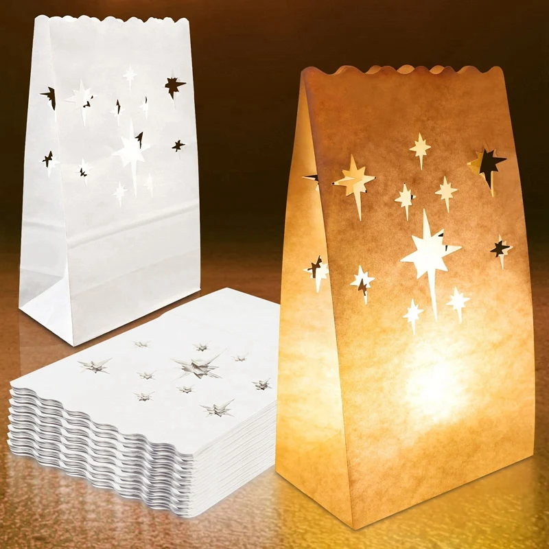 70PCS White Luminary Bags Cutout Flame Resistant Halloween Candle Bags Paper Lantern Bags For Wedding Holiday Party