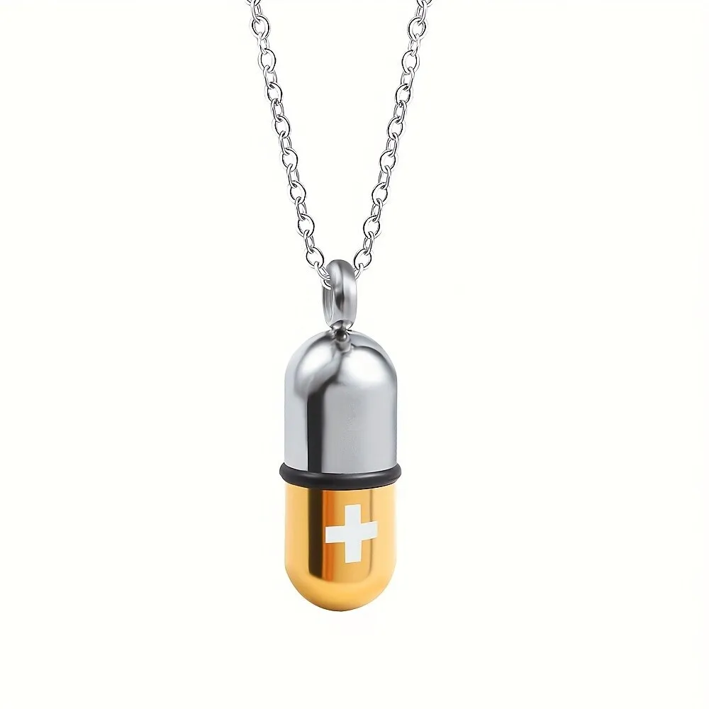 Capsule Urn Necklace Stainless Steel Openable Pill Pendant Keepsake Memorial Jewelry with Medical Cross