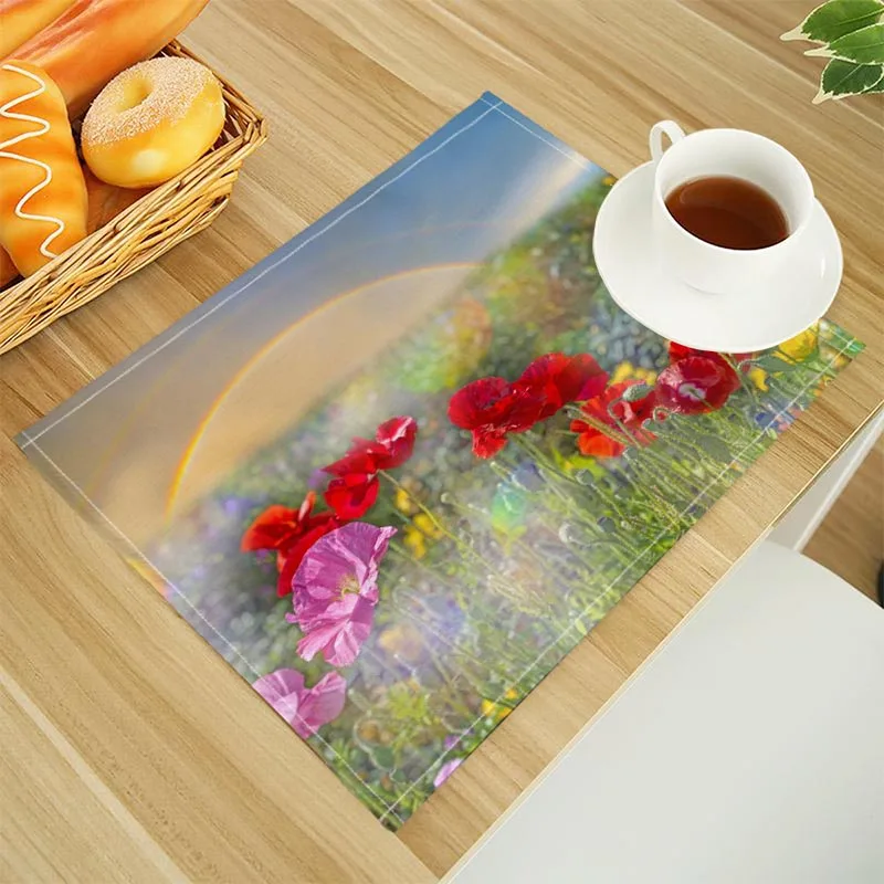 الخشخاش الزهور طباعة الكتان طاولة طعام الحصير الأبجدية المطبخ تحديد الموقع 32X45cm الوقايات منصات وعاء كأس حصيرة