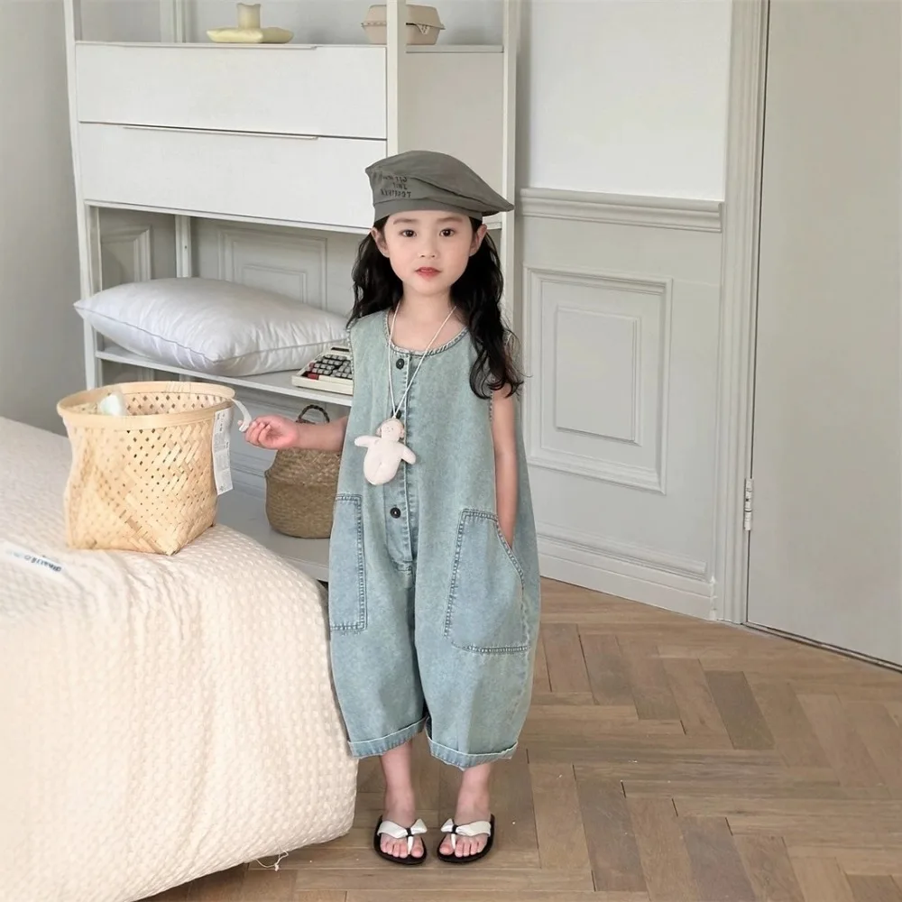 Bear Leader 2025 Summer Solid Color Girls Clothes Cute Kids Jumpsuit Korean Version Fashion Retro Children\'s Clothing 3-7 Years
