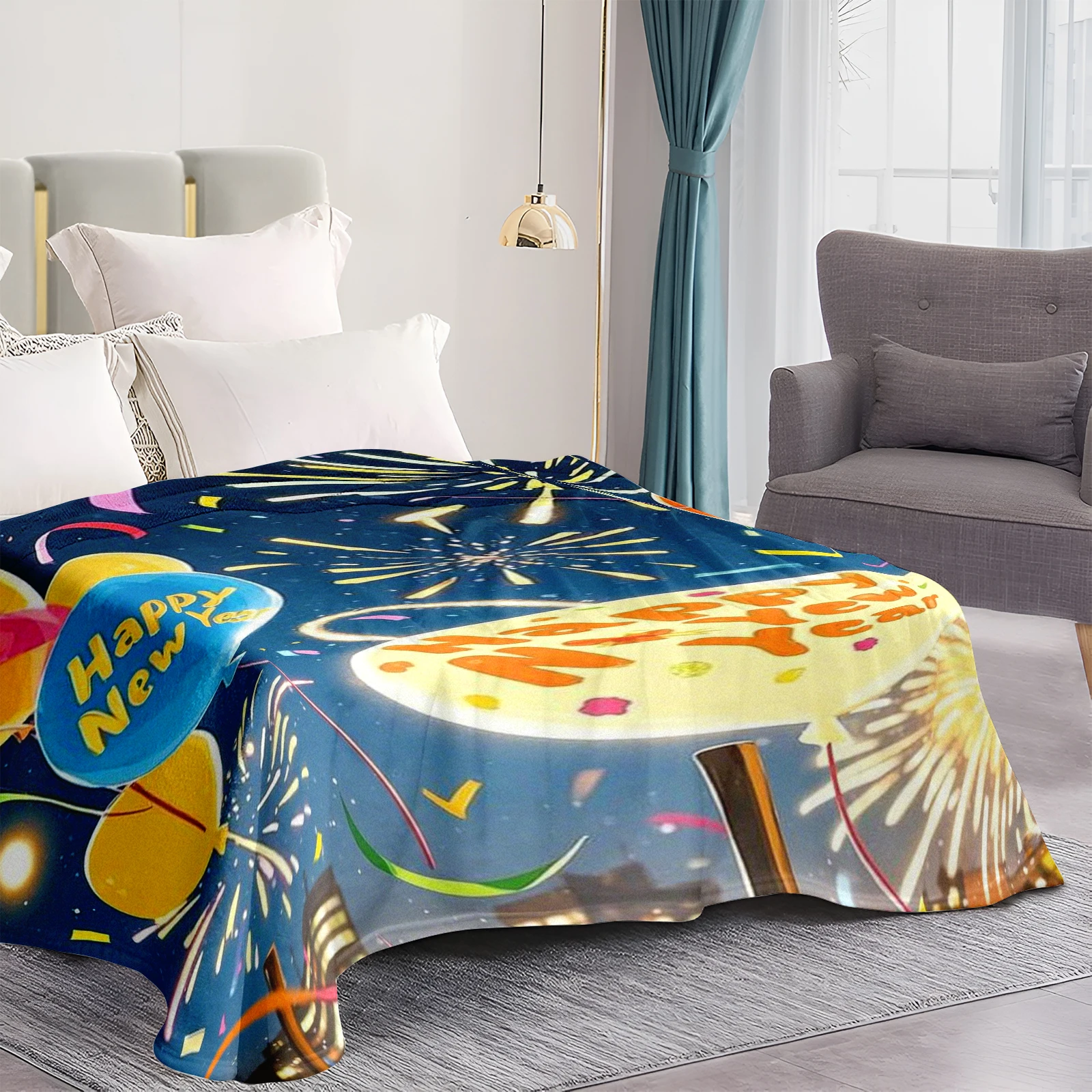 Exquisite New Year Offering Flannel Blanket With Lovely Cartoon Characters, Balloons, And Fireworks