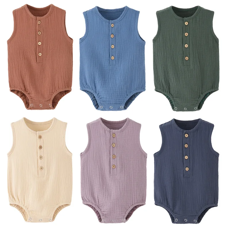 Summer Solid Newborn Baby 100% Cotton Linen Bodysuits Boy Girl Sleeveless Romper Jumpsuit Soft Skin-friendly Thin Comfy