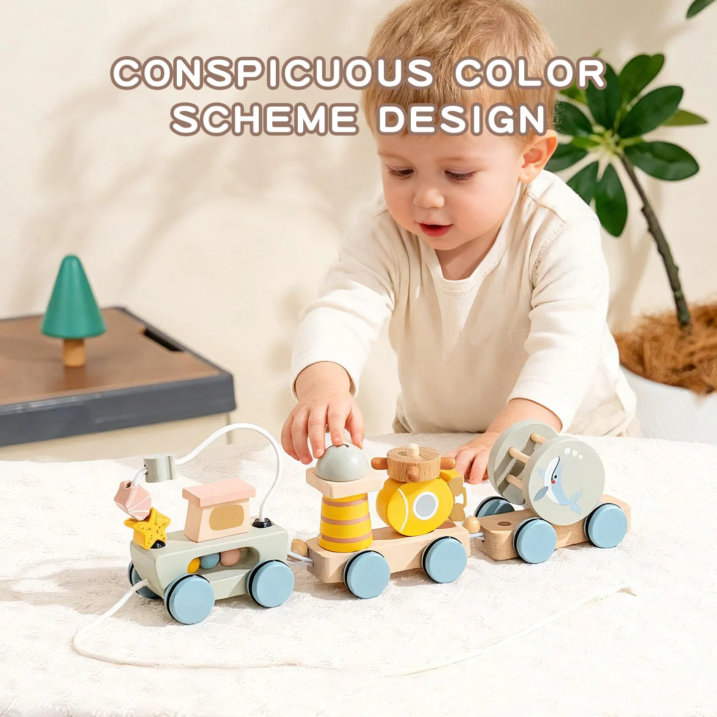 Wooden Stacking Train Toy Wooden Sorting Building Blocks Fine Motor Montessori Early Learning Toy for Toddlers Boys Girls Gifts