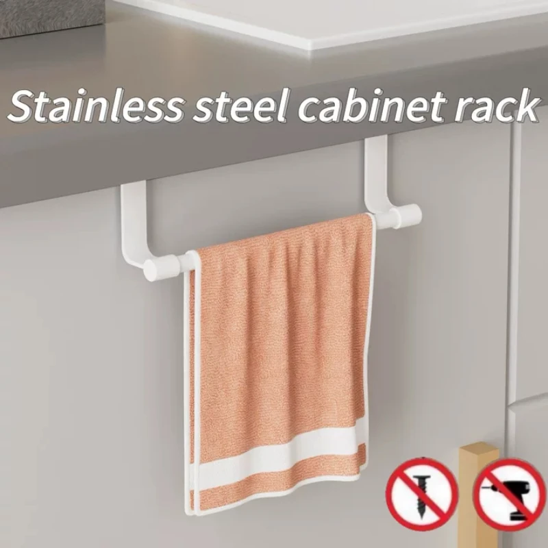 No Drill Hanging Towel Rack for Kitchen - Over Cabinet Door Storage Organizer for Dishcloth Gloves Sponge Holder