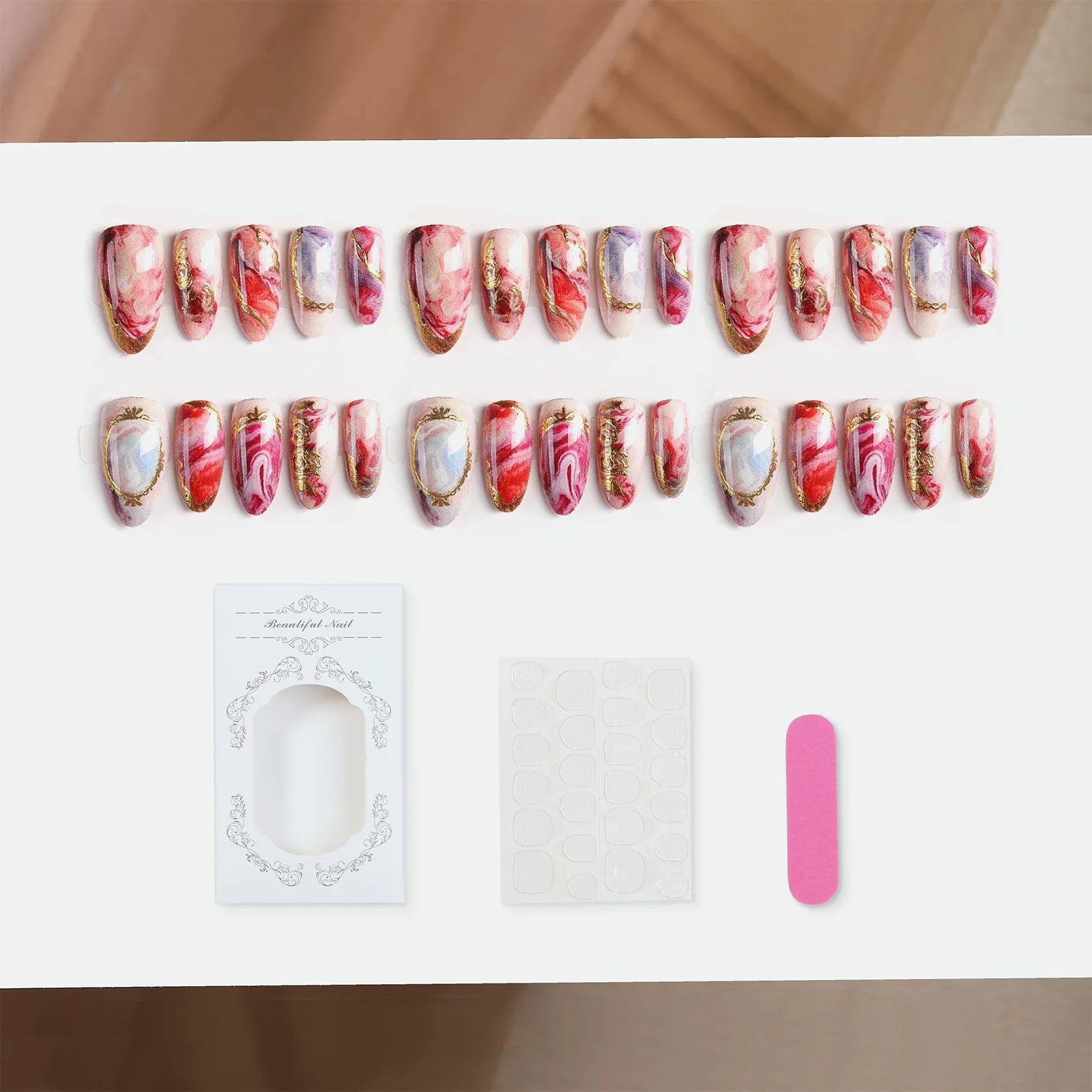 Press on Nails 3D Almond French Fake Nails French False Nails with Glue Glitter 3D Metallic Designs Sweet Cool Almond False Nail