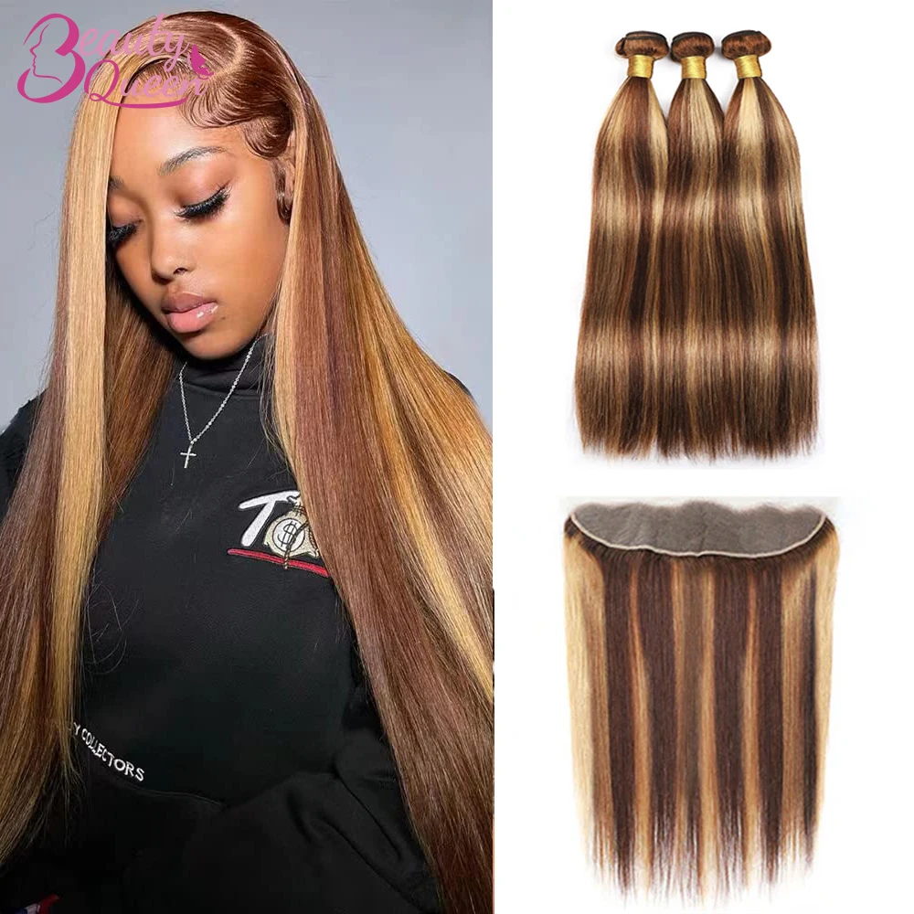 

P4/27 Color Bundles With 13x4 Lace Frontal Straight Ombre Brown Blonde Human Hair Weave Bundles With Closure Remy Hair Extension