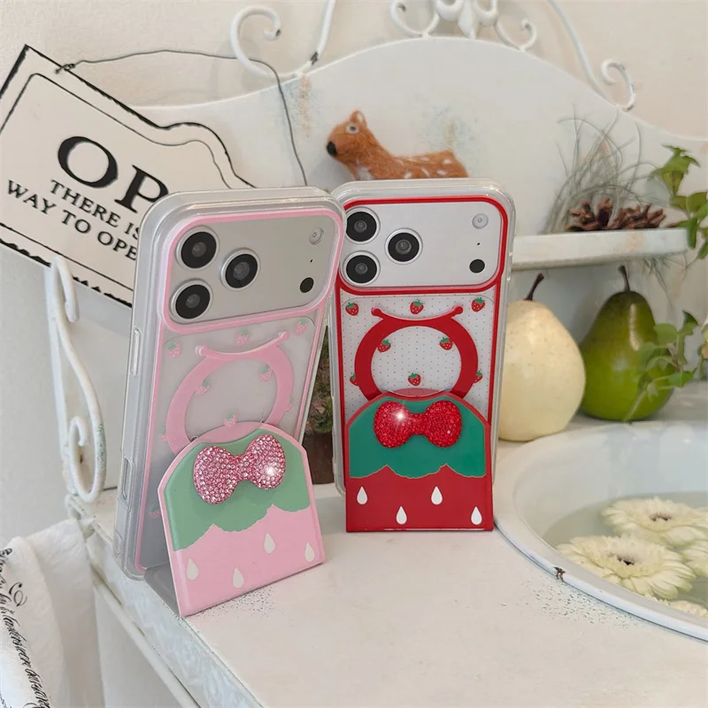 

New 2026 Kawaii Cartoon Phone Case Red strawberries For iPhone 17 Pro 16 15 14 Pro Max Back Cover with Hand Rope Cloth Fabric Ca