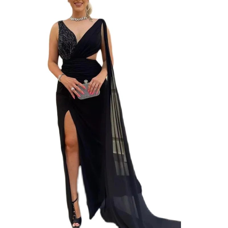 Sexy V-Ausschnitt, Schlitz, langes Kleid für Damen, mittlere Taille, bodenlang, Nr. Sve, tiefer V-Ausschnitt, Zeremonie für Erwachsene, Leistung