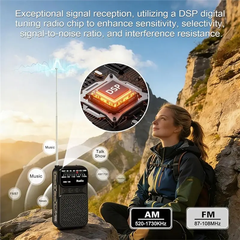 DTB7 Portable Radio AM/FM Pocket Radio with Bluetooth, Flashlight, Headphone Jack, 1200mAh Battery, for Seniors, Camping,