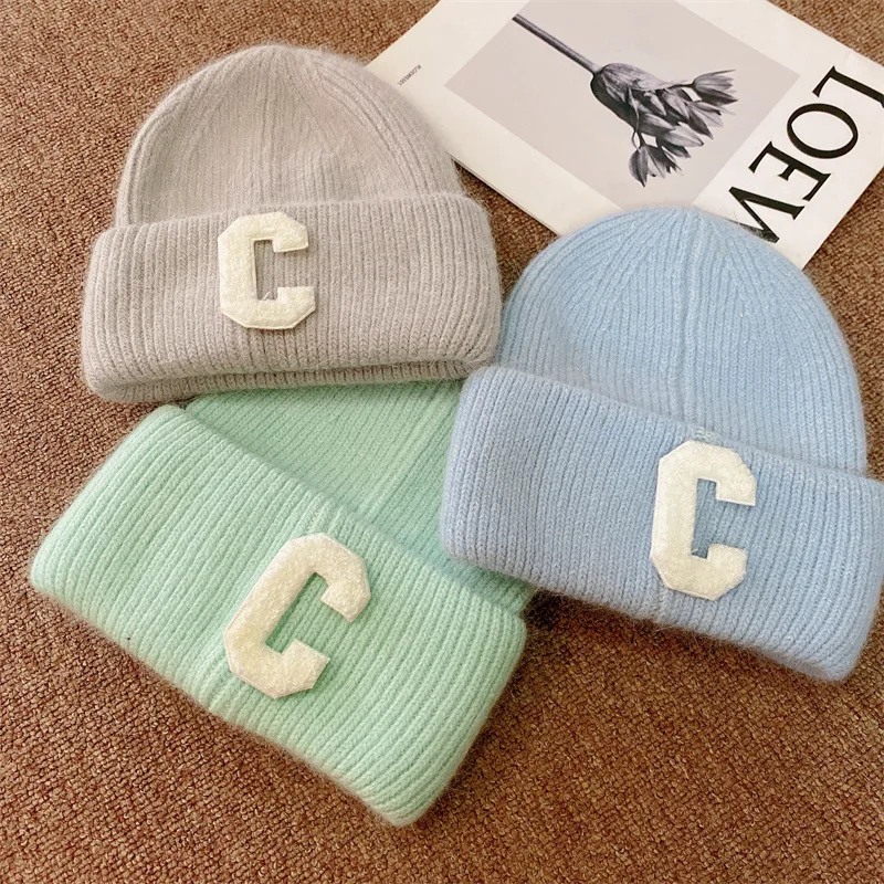 Luxury Brand Real Rabbit Fur Letter C Knitted Hat Women Winter Warm Beanie Casual Knit Men\'s Hat Soft Fluffy Ski Skullies Caps