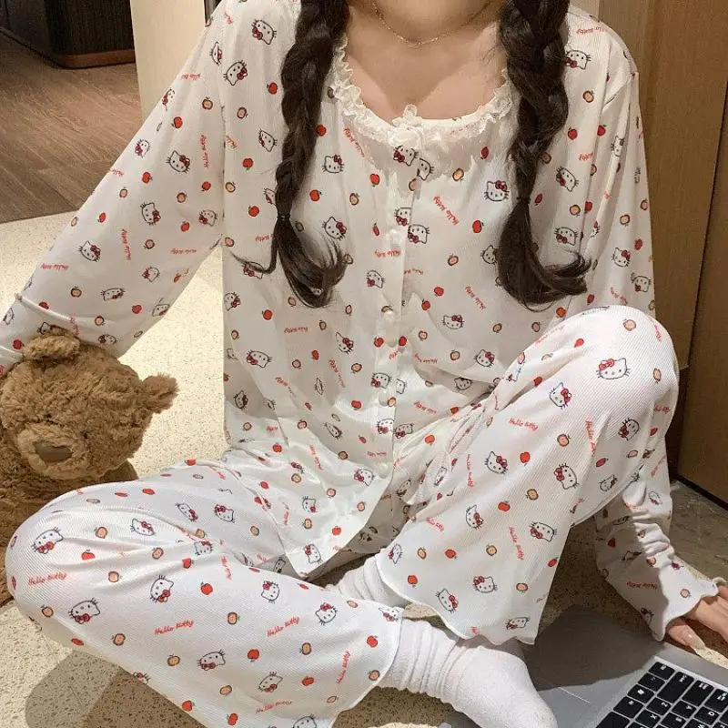 

2Pcs Kawaii Sanrio Anime Pajama Set Cute Hello Kitty Cartoon Loose and Comfortable Ice Silk Long Sleeved Pants Gifts for Girls