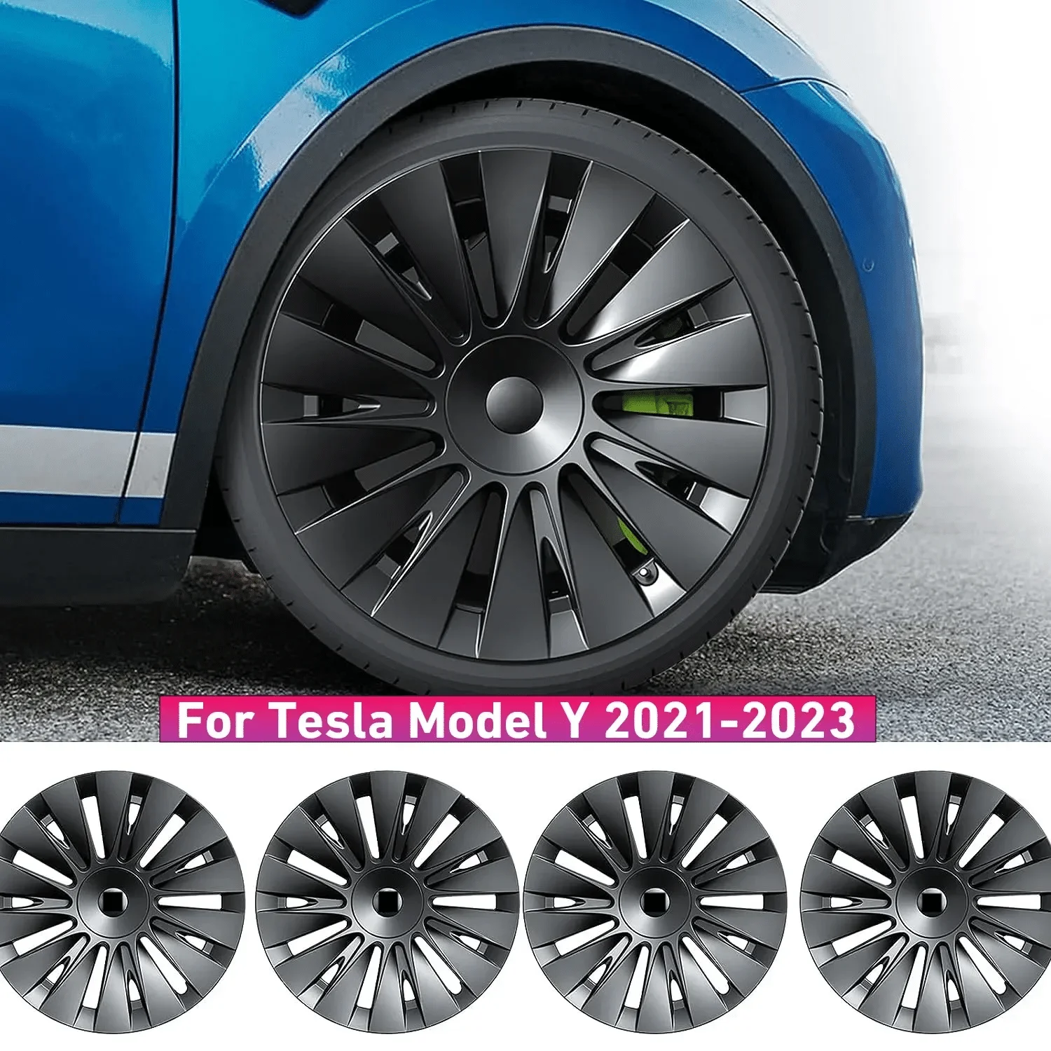 

For Tesla Model Y 2019-2022 Wheel Covers 19 Inch Hubcaps Rim Protector Replacement Kit Fully Wrapped Matte Black 4PCS