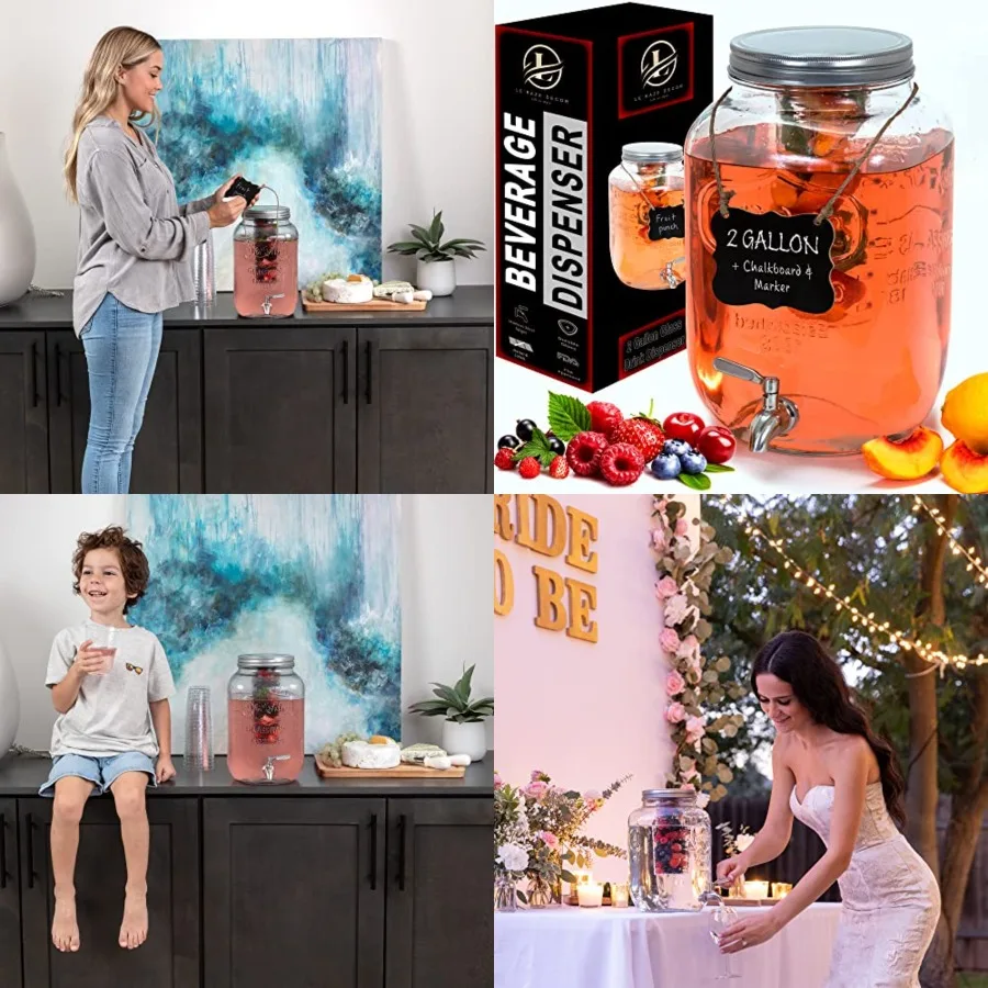 

2-Gallon Glass Liquor Decanter Drink Dispenser for Parties - 100 Leakproof Stainless Steel Spigot + Marker Label and Fruit Infu