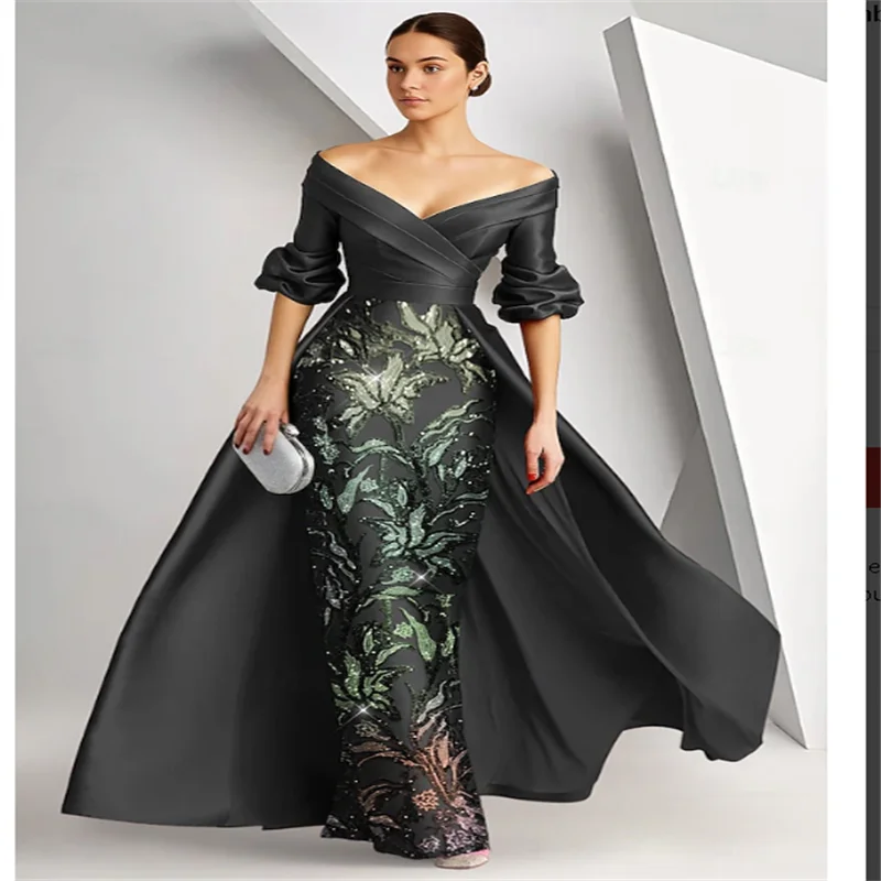 Vestidos de noite de comprimento total, elegantes, ombro de fora, manga curta, decote em v, convidado de casamento, baile, tecido de renda, costas em v com capa