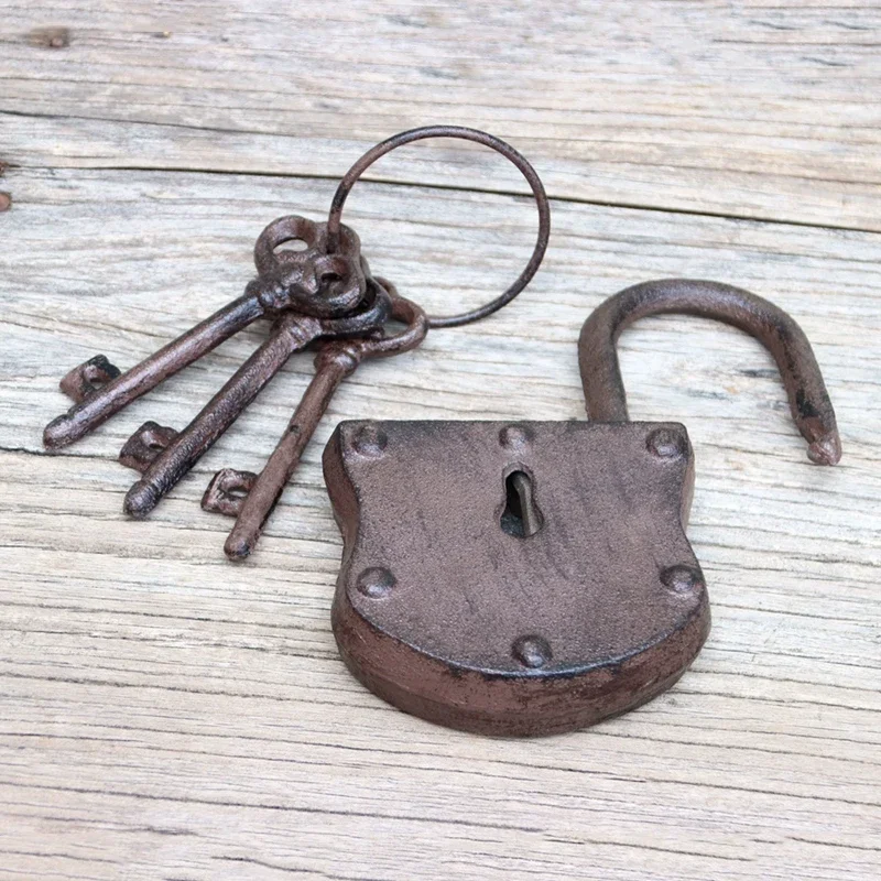 Cast Iron Padlock With 3 Jailers Skeleton Keys On A Ring Old Rusty Metal Padlock With Keys Farmhouse Garden Decor Antique Style