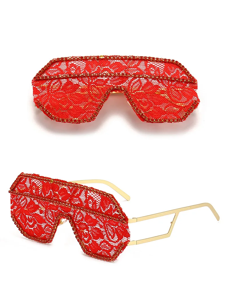 Ein Stück Floral Spitze Sonnenbrille Frauen Punk Großen Rahmen Diamant Sonnenbrille Weibliche Flache Top Strass Outdoor Fashion Brillen – Detail 21
