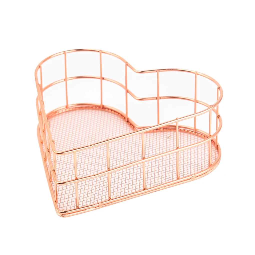 Desktop Storage Basket Multifunctional Metal Nordic Rose Gold Heart Shape Table Cosmetics Organizer Space Saver Small Furniture