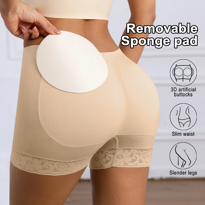 Removable Sponge Pad Butt Lifter Shorts Lace Hem Tummy Control Mid Waist Peach Hip Shapewear Safety Shorts Daily Sports
