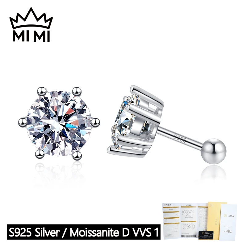 

MI MI GRA Certified 1CT Moissanite Screw Thread Stud Earrings for Women/Men, S925 Sterling Silver 6 Prong Unisex Earrings with G