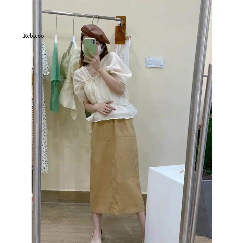 Puff Sleeve Women Blouses Korean Chic Solid Summer Square Neck Elegant Ropa Loose Pleated Fashion