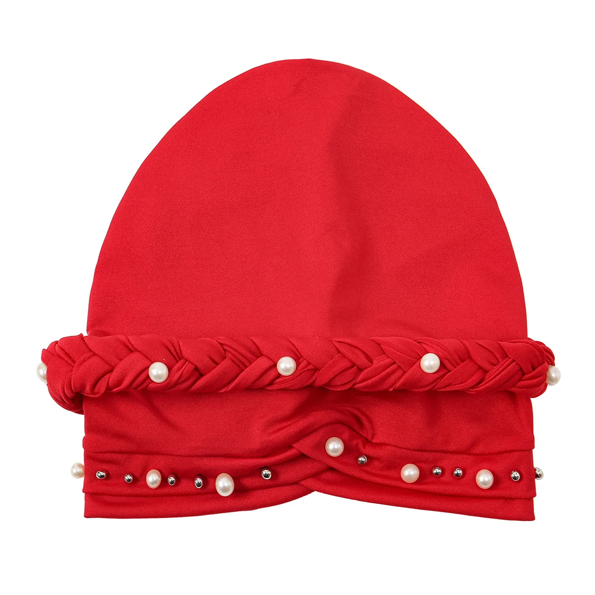 

Braid Cross Forehead Women Hijabs Beads Decor Solid Color Muslim Female Head Scarf Wraps Elegant Turban for Women Elastic Mujer