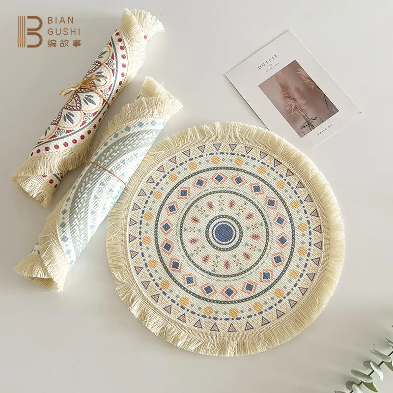 Bohemian Cotton Thread Placemat Nordic Fabric Woven Round Mat Home Kitchen Heat-Resistant Tassel Table Cup Mat