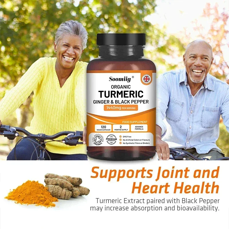 Organic Turmeric Extra Strength 1440 Mg 120 Capsules with Black Pepper, Ginger & Active Ingredient Curcumin for Joint Health