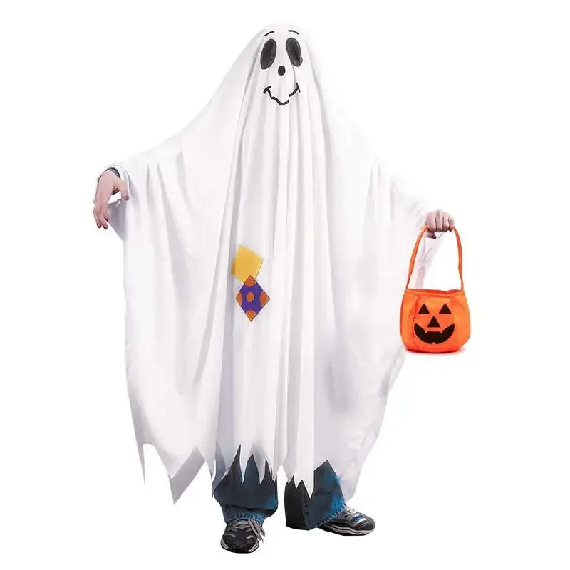 Kids Top Quality Ghost Cloak Long Cape White Tassels Performance Cosplay Party Dress Up Boys Girls Ghost Halloween Costume MN11