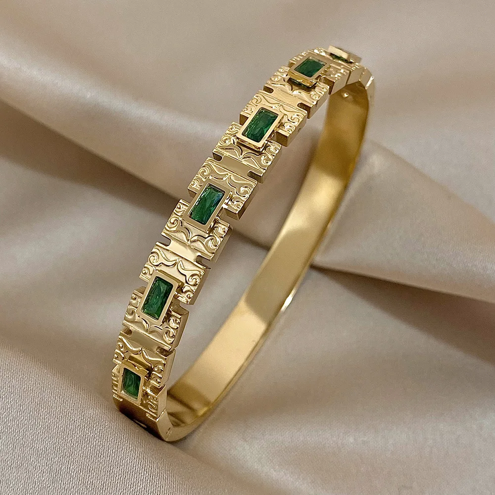 Vintage Palace Geometric Stainless Steel Bangle Bracelet for Women Inlaid Square Green Zircon Cuff Bracelets Jewelry Gifts