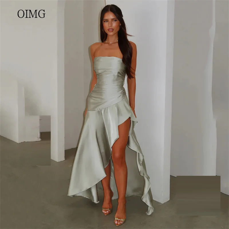 

OIMG Simple Strapless A Line Prom Gowns Satin Side Slit Party Gown Floor Length Evening Dress vestidos de gala Customized